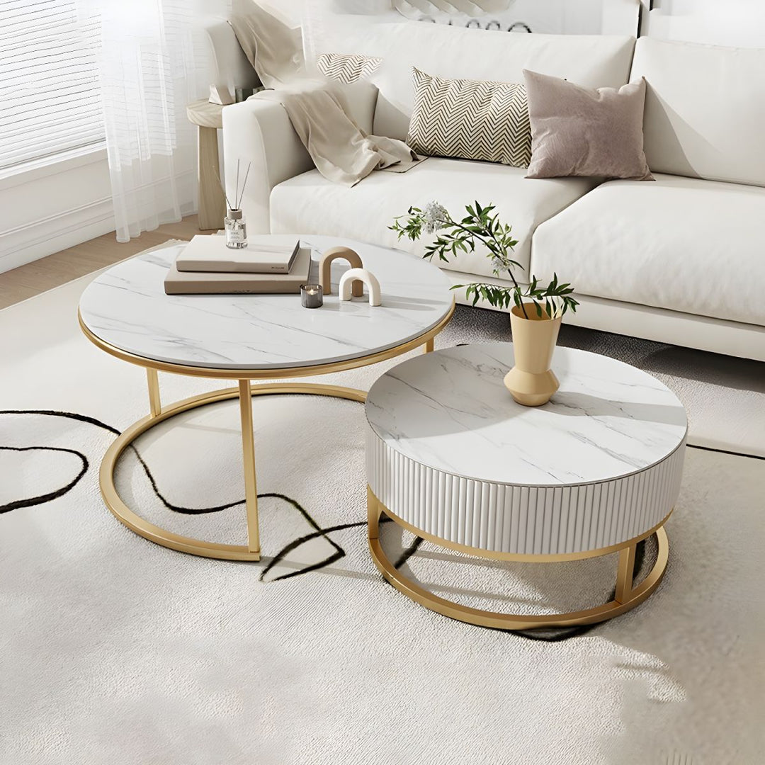 Chirag White Top Ceramic Marble and White MDF Frame with Stainless Steel Frame Coffee Table