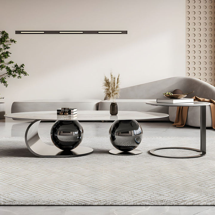 Vidhi Marble Top Stainless Steel 2 Bool Coffee Table and Side Table Set in PVD Coated