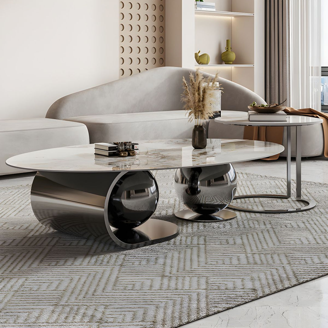 Vidhi Marble Top Stainless Steel 2 Bool Coffee Table and Side Table Set in PVD Coated