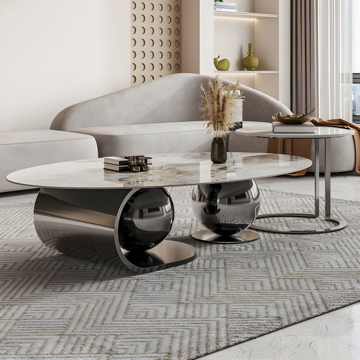 Vidhi Marble Top Stainless Steel 2 Bool Coffee Table and Side Table Set in PVD Coated