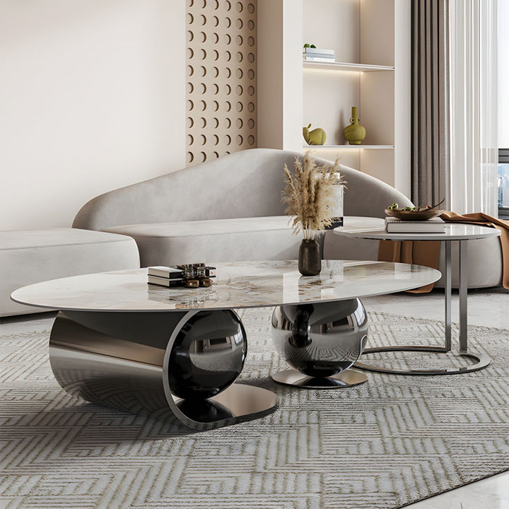Vidhi Marble Top Stainless Steel 2 Bool Coffee Table and Side Table Set in PVD Coated