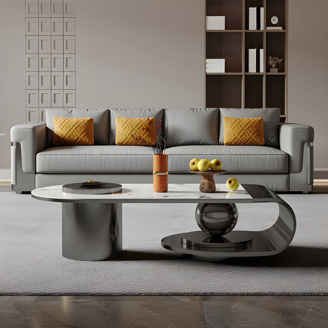 Modern Stainless Steel Coffee Table with Marble Top Tea Table - Black