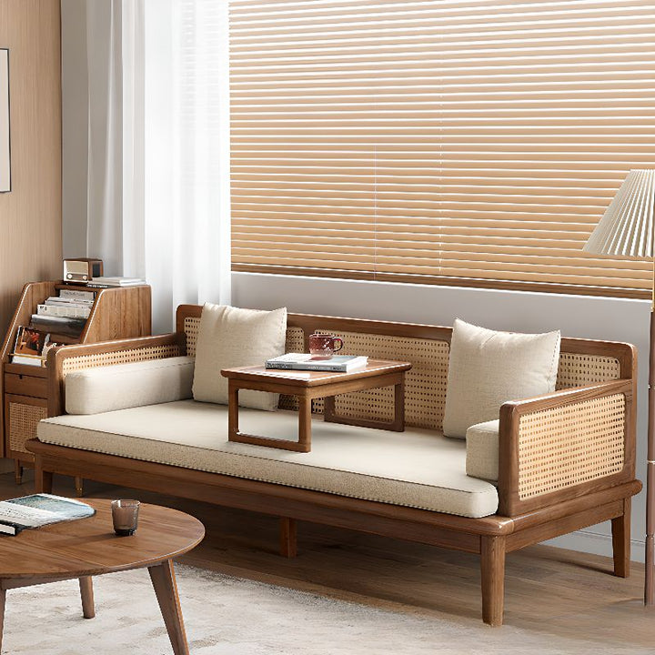 Sergey Solid Wood and Cane Weaving Sofa Come Bed