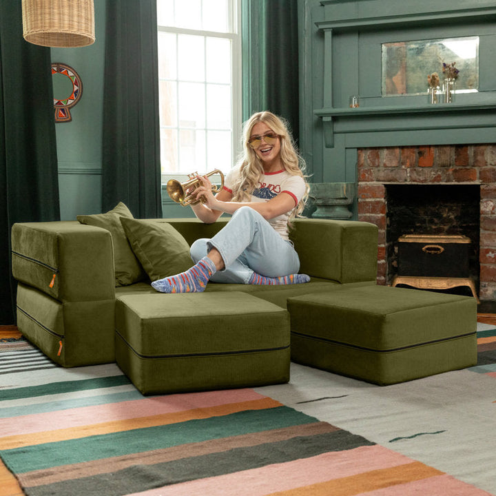 Indira Fabric Sofa Come Bed | Designer Sofa Come Bed | Extra Seating Ottoman