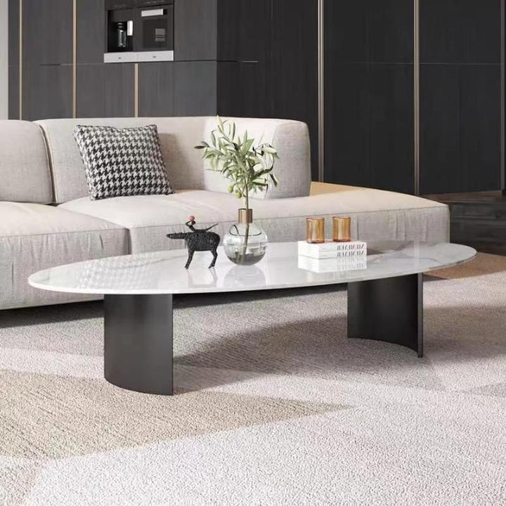Velora Stainless Steel Coffee Table for Living Room | Oval Shape | Composite Ceramic Marble