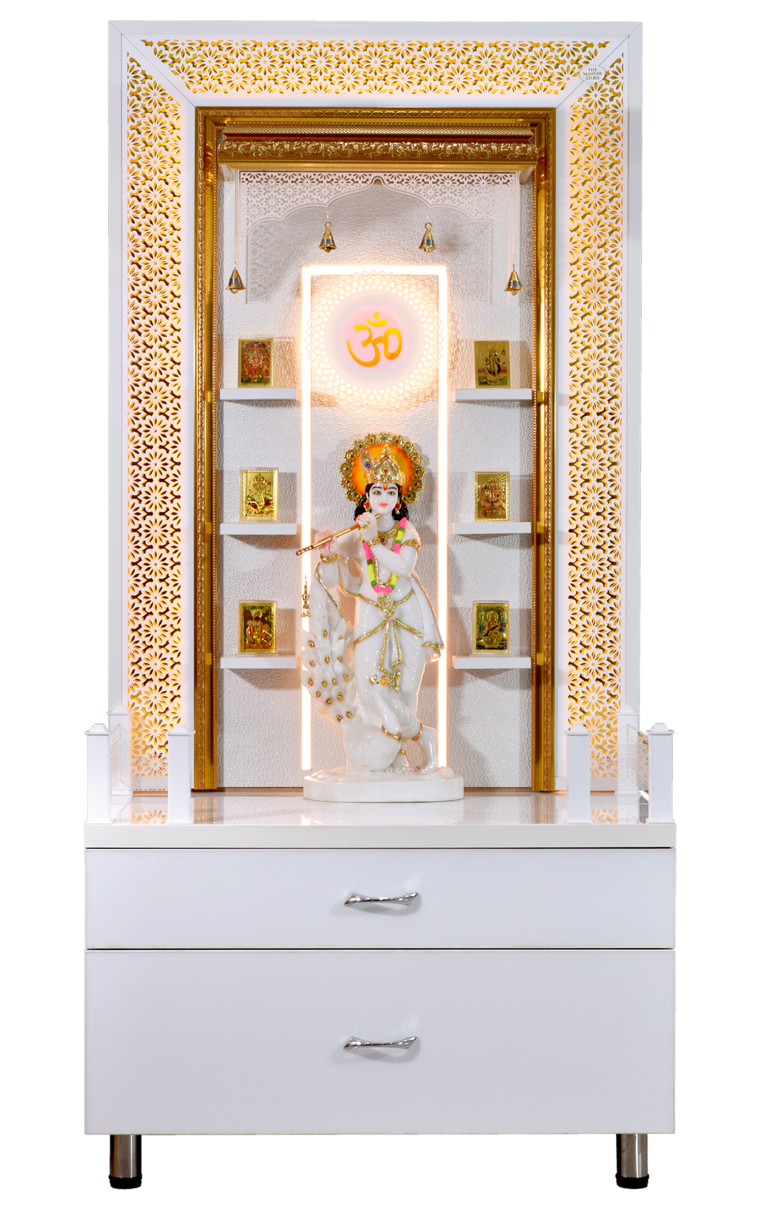 Zuri Designer Large Wooden Mandir with Floating Shelves in Hi Gloss White Colour