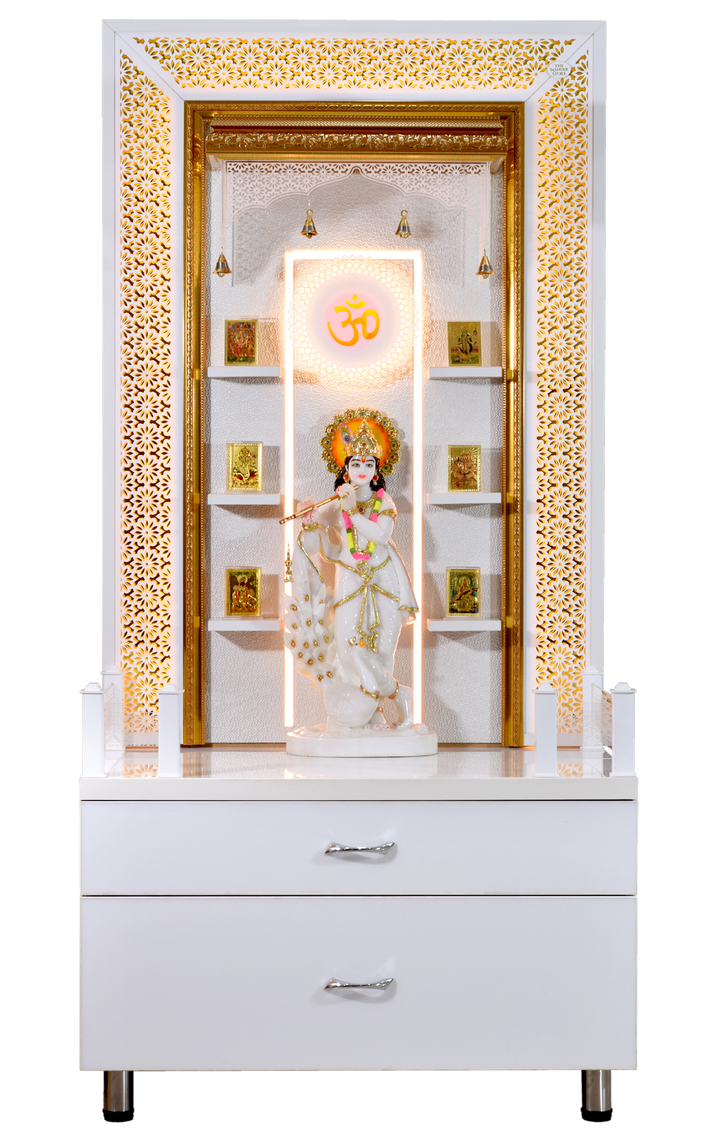 Zuri Designer Large Wooden Mandir with Floating Shelves in Hi Gloss White Colour