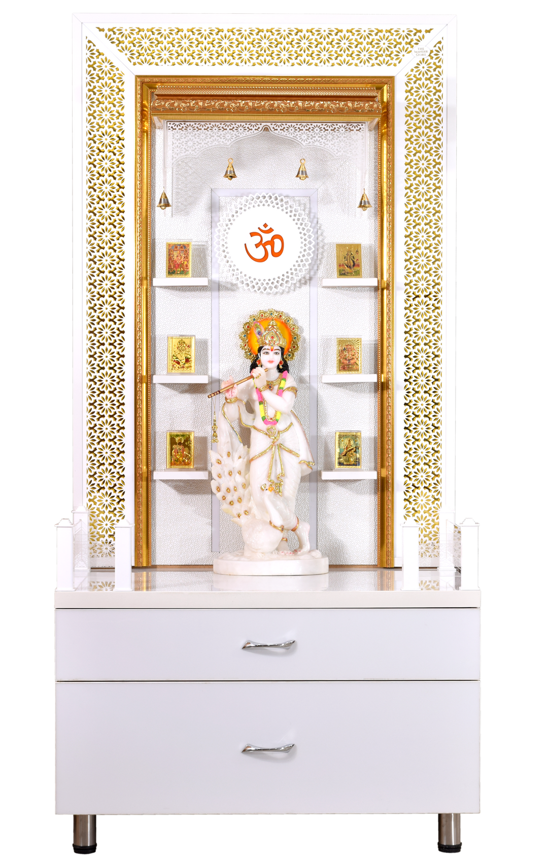Zuri Designer Large Wooden Mandir with Floating Shelves in Hi Gloss White Colour