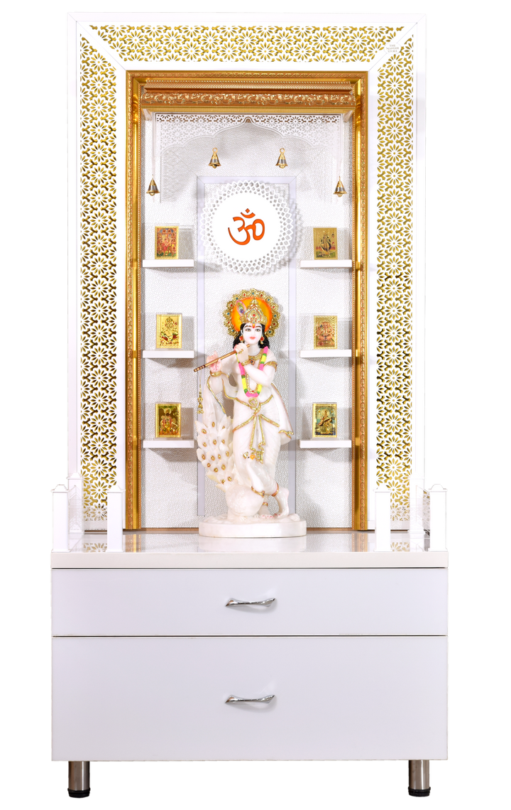 Zuri Designer Large Wooden Mandir with Floating Shelves in Hi Gloss White Colour