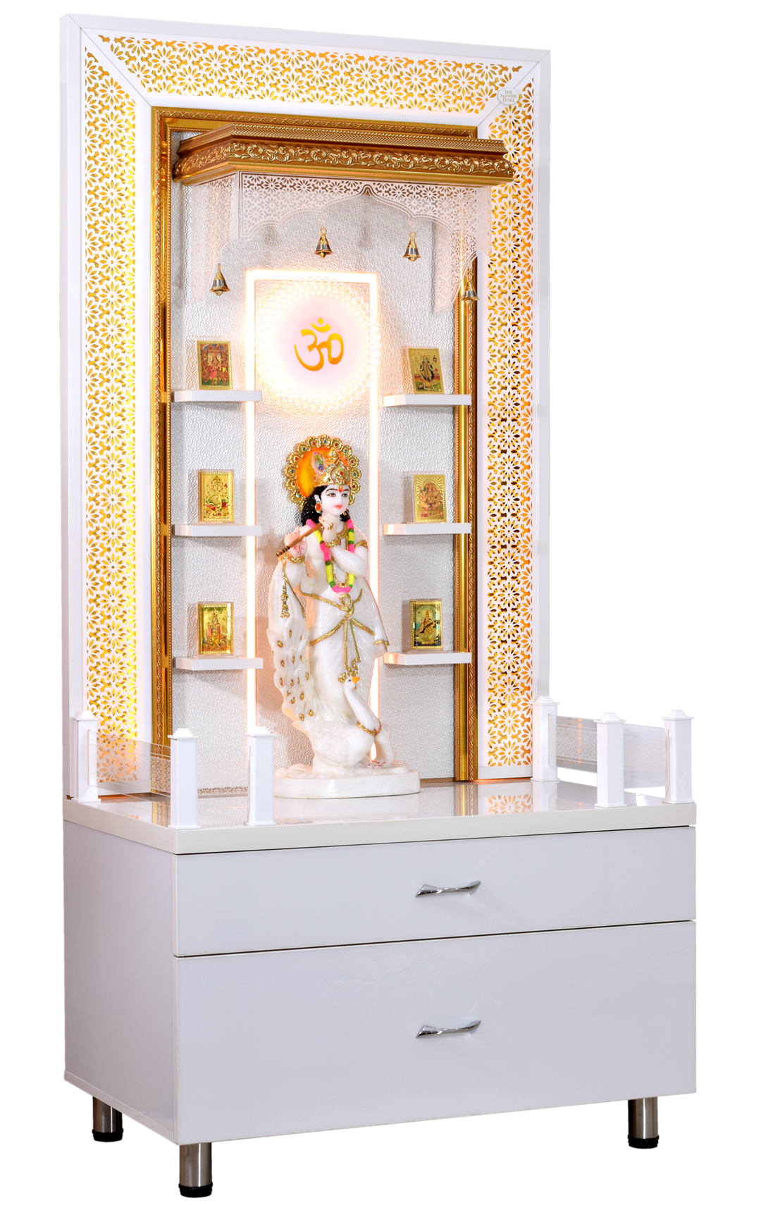 Zuri Designer Large Wooden Mandir with Floating Shelves in Hi Gloss White Colour