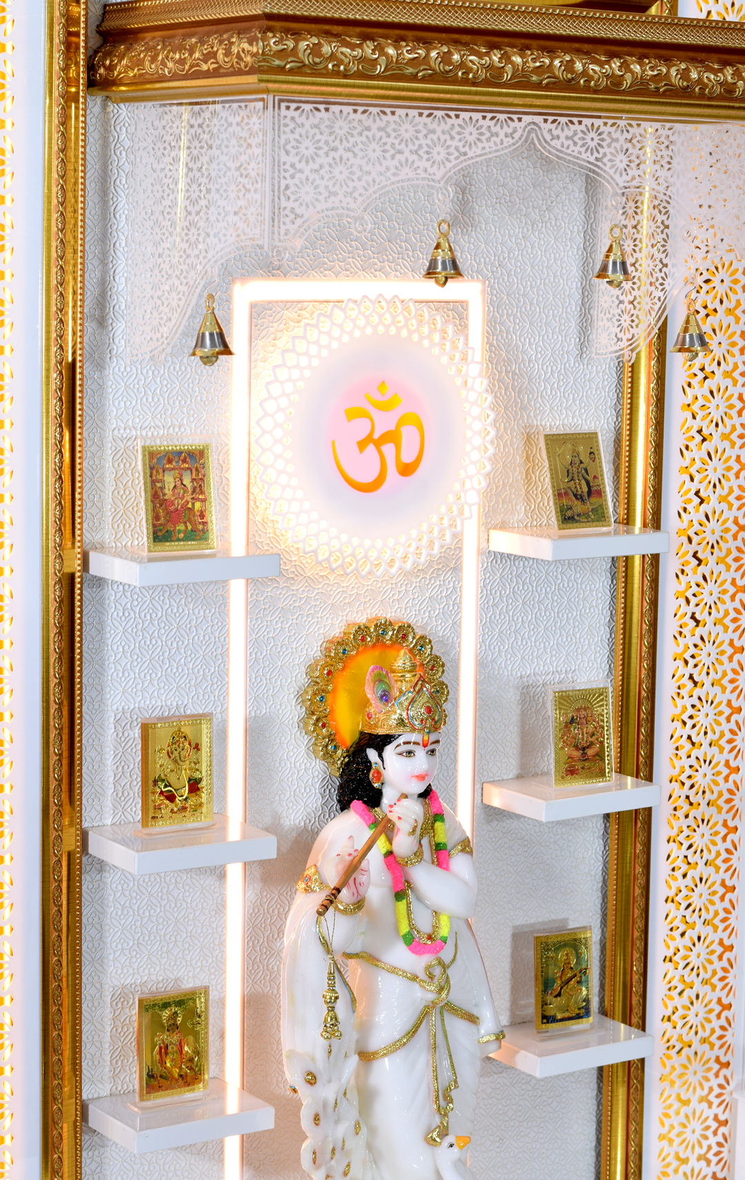 Zuri Designer Large Wooden Mandir with Floating Shelves in Hi Gloss White Colour