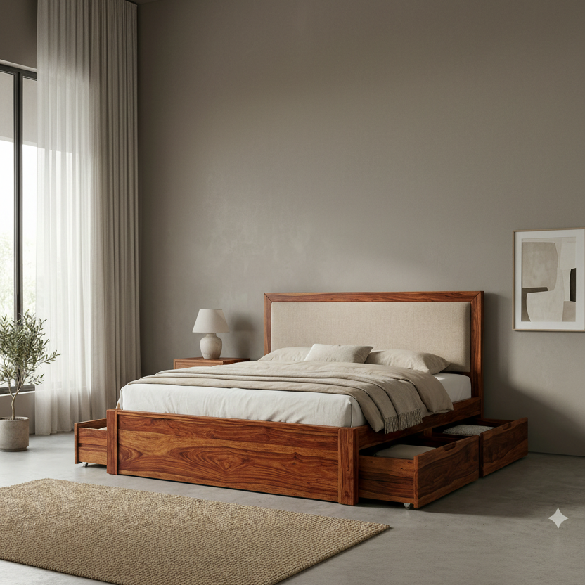 Penelope Premium Sheesham Wood Bed with Fabric Headboard