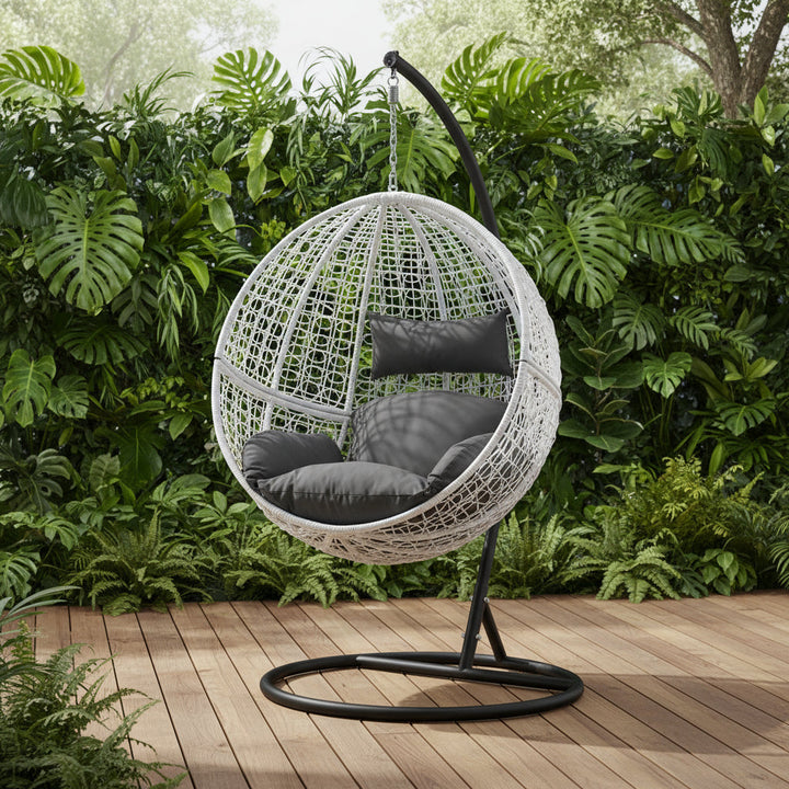 Piccio Single Seater Hanging Swing With Stand For Balcony , Garden Swing (White)