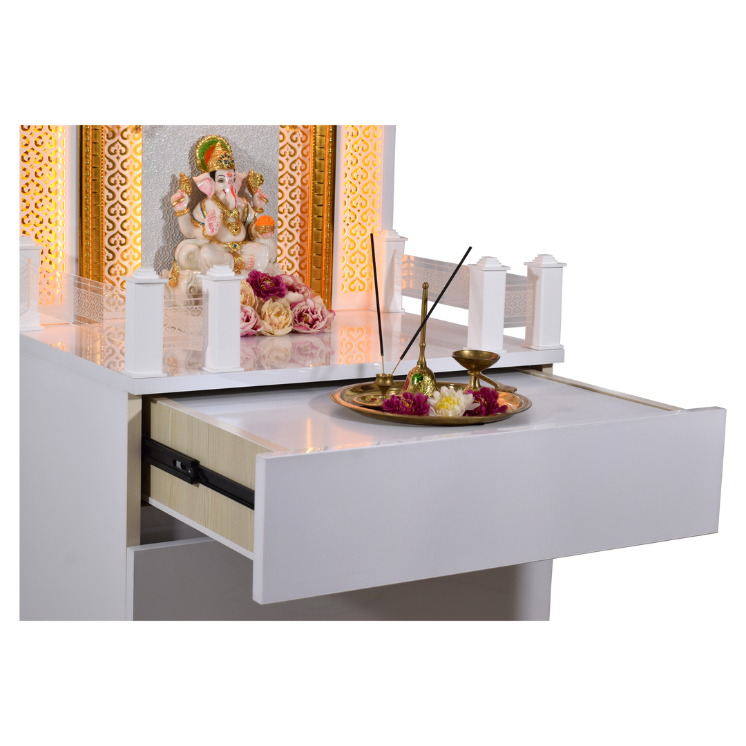 Victoria White Glossy Wooden Pooja Mandir for Flats Home with Storage and Lighting