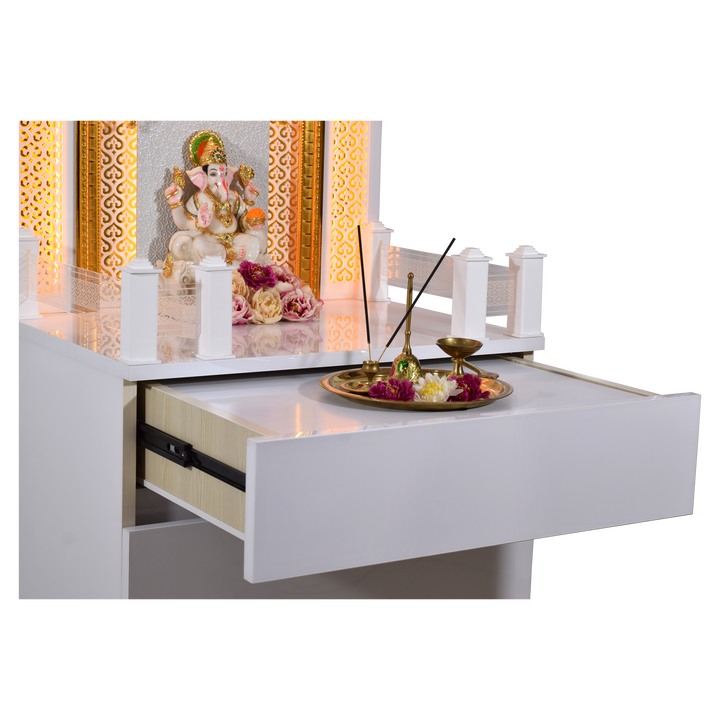 Victoria White Glossy Wooden Pooja Mandir for Flats Home with Storage and Lighting