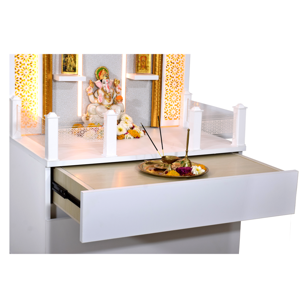 Valeria 5.5' x 2.5' White Gloss Wooden Mandir with Floating Shelves