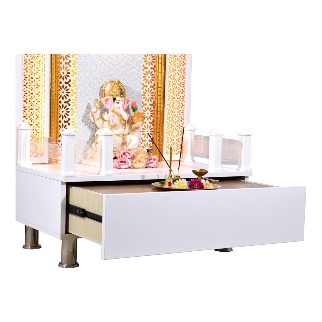 Willow Wooden Designer Mandir for Home In Glossy White Color with Lights