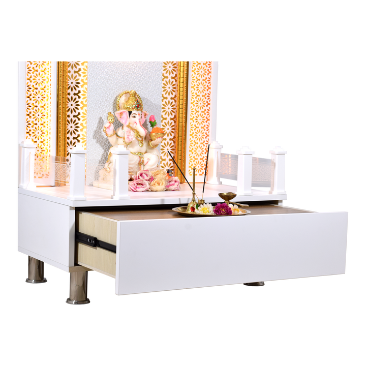 Willow Wooden Designer Mandir for Home In Glossy White Color with Lights