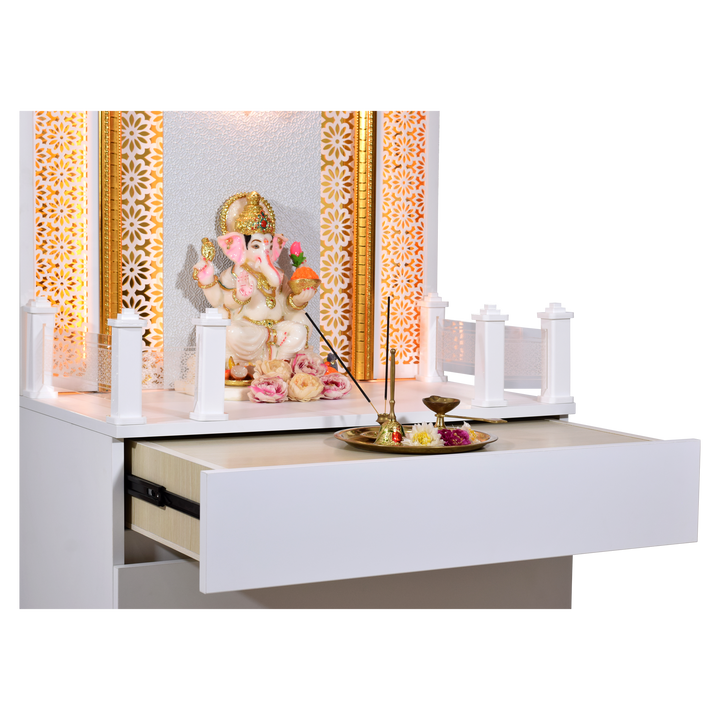 Designer Wooden Mandir for Home with LED Strip Lights and Storage