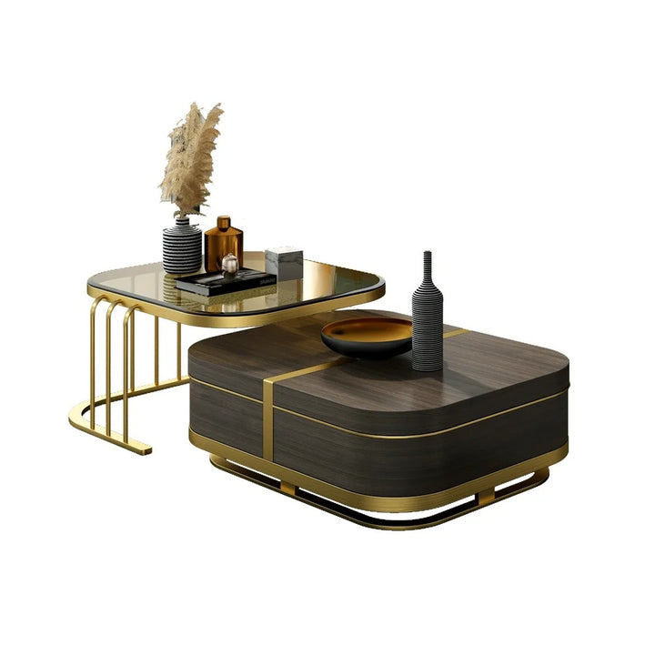 Muskaan Modern Nesting Coffee Table with Hidden Storage -  Glass Top - Wooden and Golden Finish
