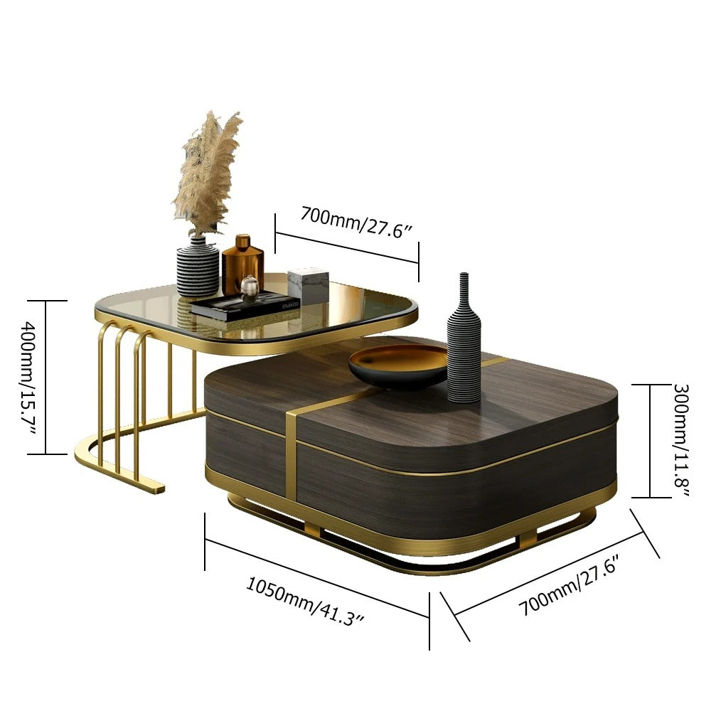 Muskaan Modern Nesting Coffee Table with Hidden Storage -  Glass Top - Wooden and Golden Finish