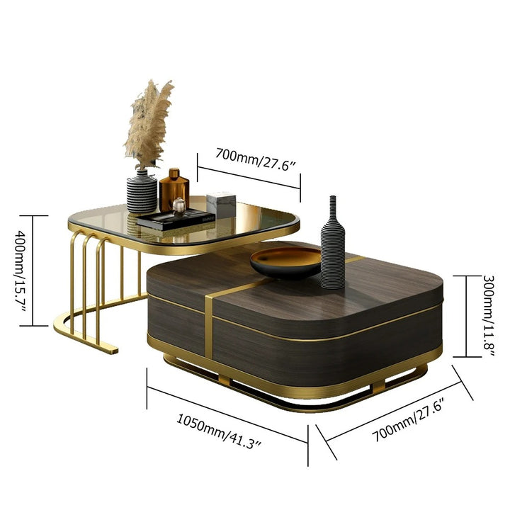 Muskaan Modern Nesting Coffee Table with Hidden Storage -  Glass Top - Wooden and Golden Finish