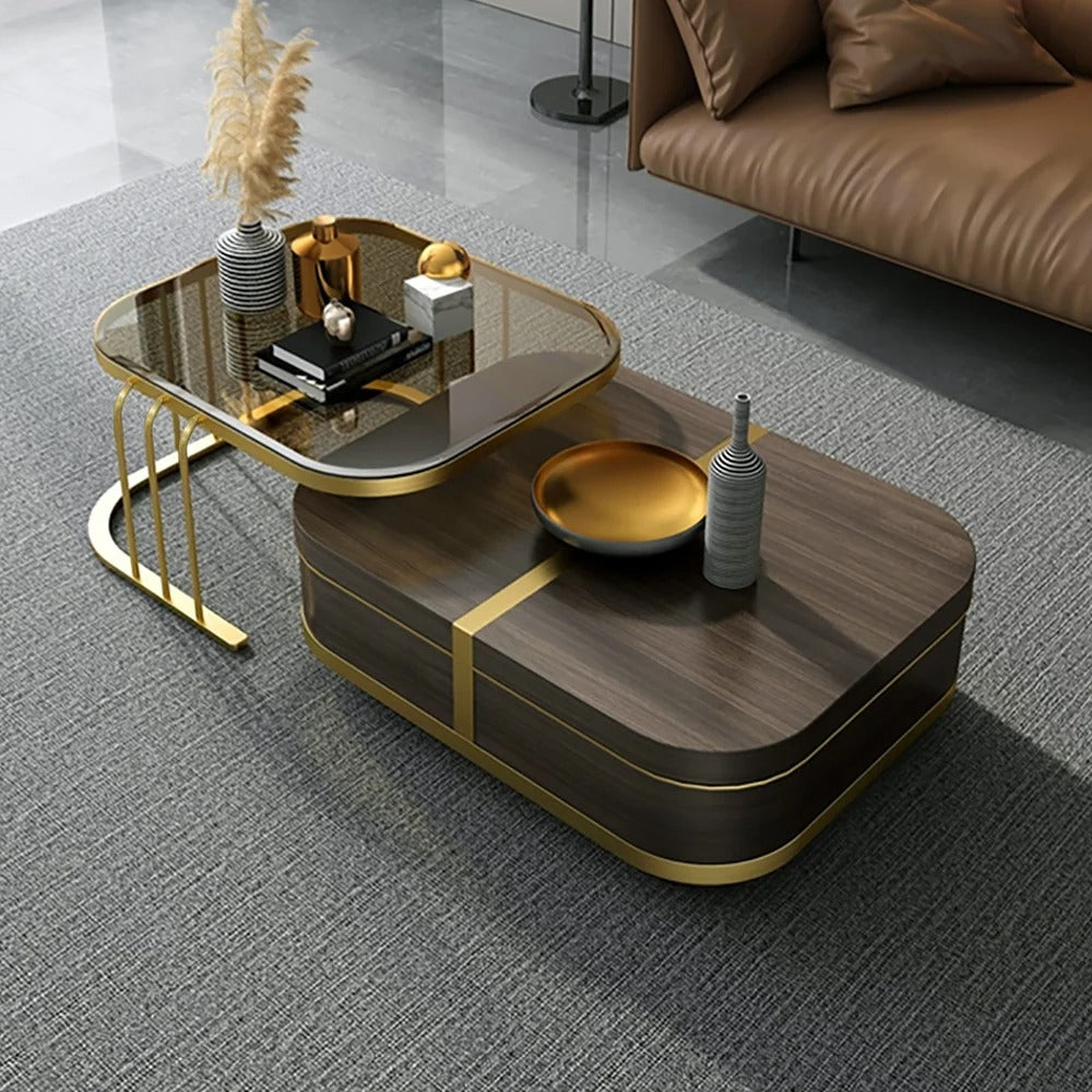 Muskaan Modern Nesting Coffee Table with Hidden Storage -  Glass Top - Wooden and Golden Finish