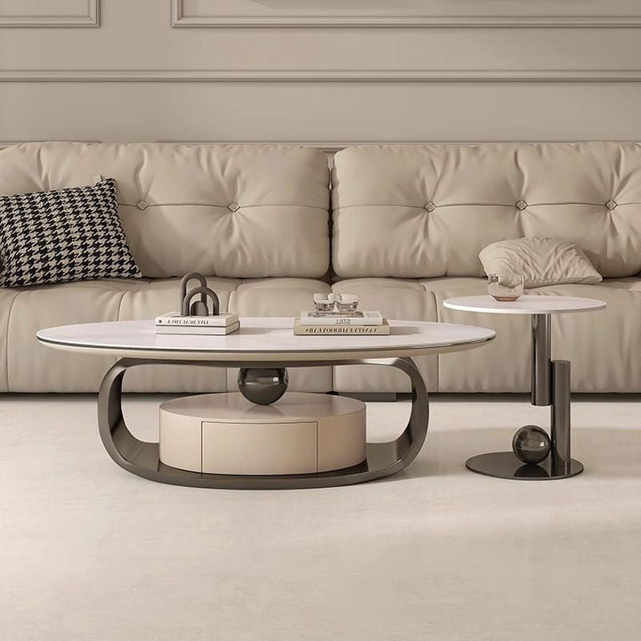 Vitara Marble Top Stainless Steel with PVD Coated Coffee Table Set | MDF Wooden Storage Frame