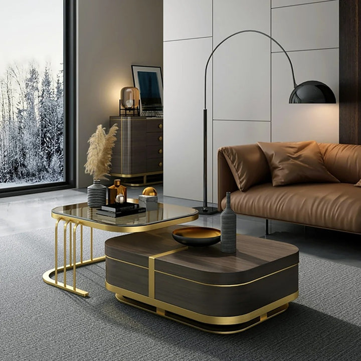 Muskaan Modern Nesting Coffee Table with Hidden Storage -  Glass Top - Wooden and Golden Finish