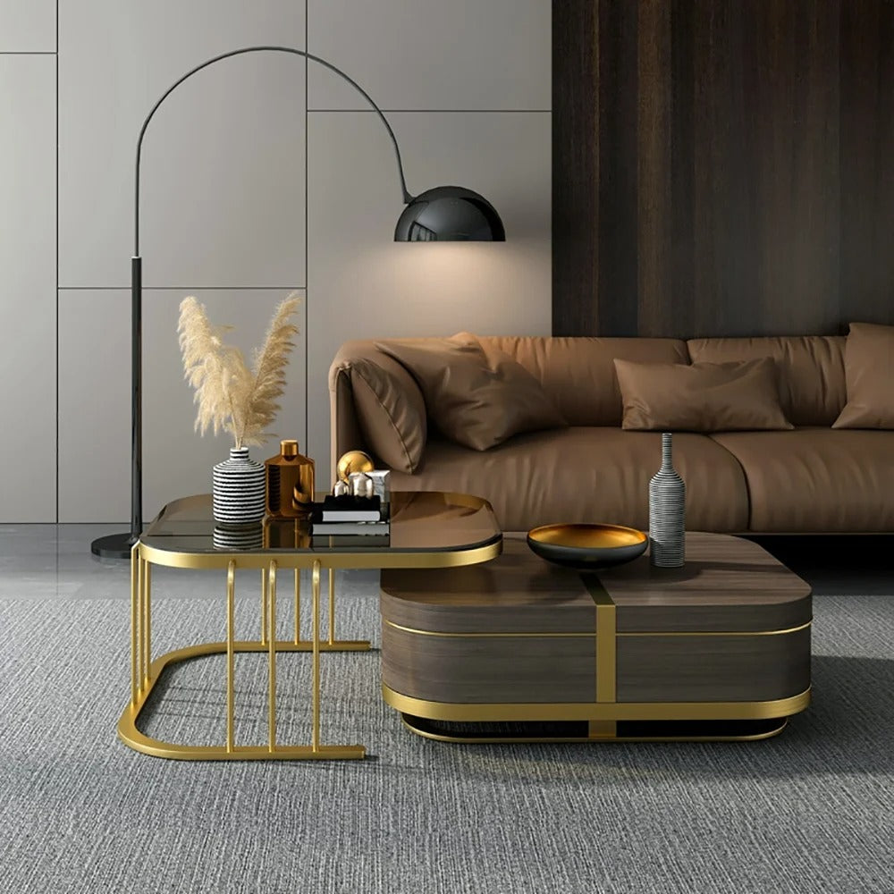 Muskaan Modern Nesting Coffee Table with Hidden Storage -  Glass Top - Wooden and Golden Finish