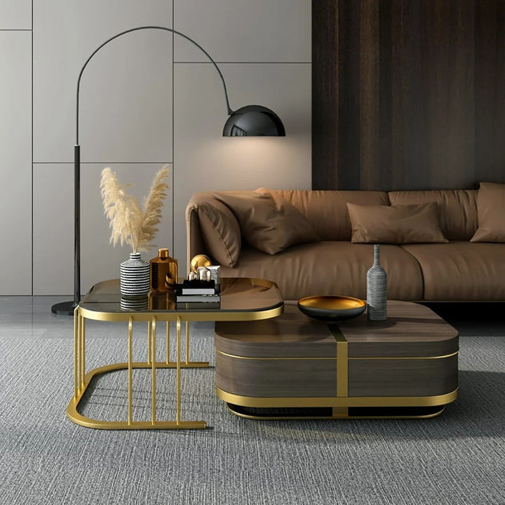 Muskaan Modern Nesting Coffee Table with Hidden Storage -  Glass Top - Wooden and Golden Finish