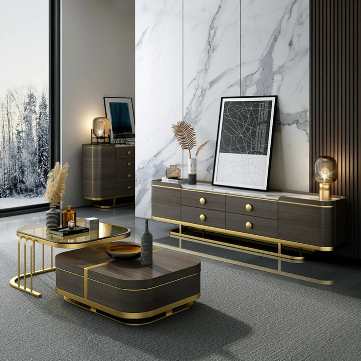 Muskaan Modern Nesting Coffee Table with Hidden Storage -  Glass Top - Wooden and Golden Finish