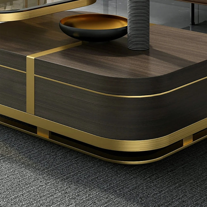 Muskaan Modern Nesting Coffee Table with Hidden Storage -  Glass Top - Wooden and Golden Finish