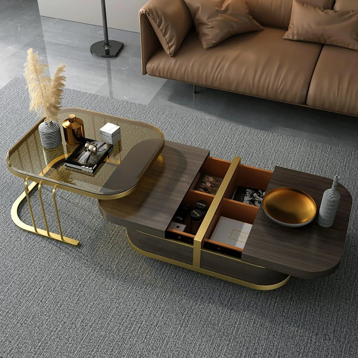 Muskaan Modern Nesting Coffee Table with Hidden Storage -  Glass Top - Wooden and Golden Finish