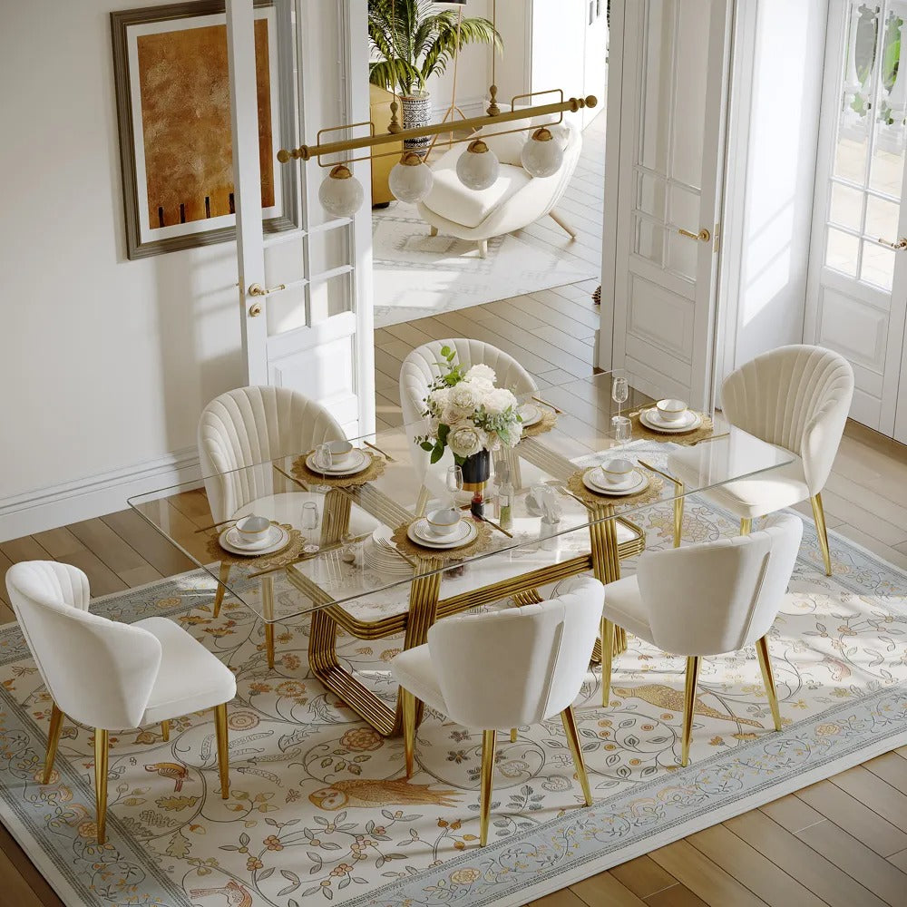 Konstantin 71" Modern 6-Seater Rectangular Glass Dining Table Set with Tempered Glass Top and Gold Base