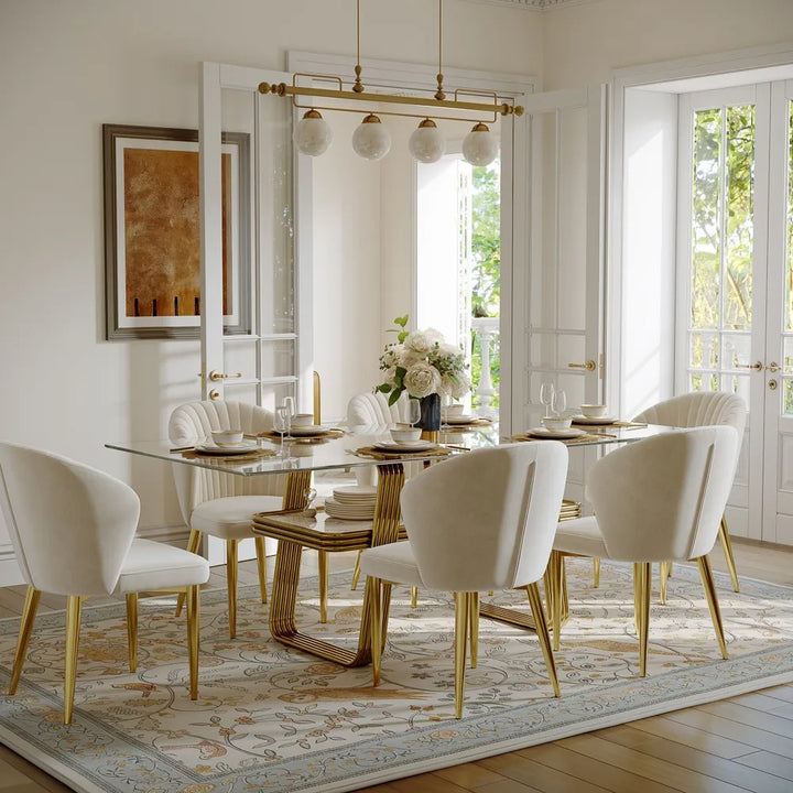 Konstantin 71" Modern 6-Seater Rectangular Glass Dining Table Set with Tempered Glass Top and Gold Base