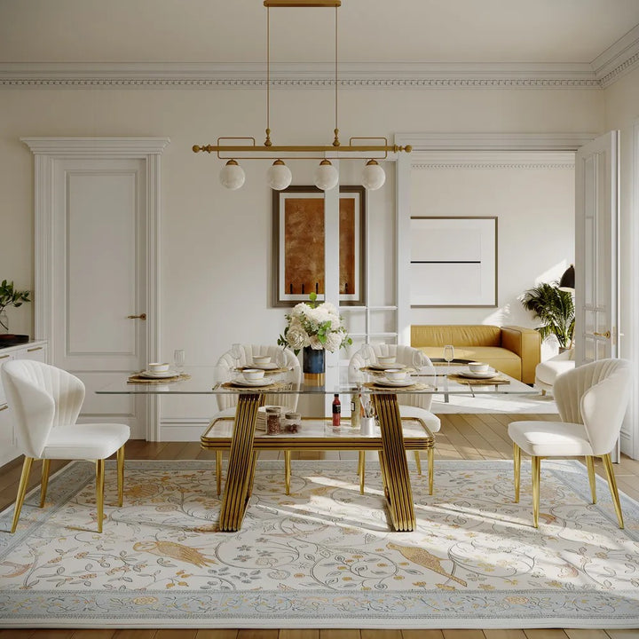 Konstantin 71" Modern 6-Seater Rectangular Glass Dining Table Set with Tempered Glass Top and Gold Base