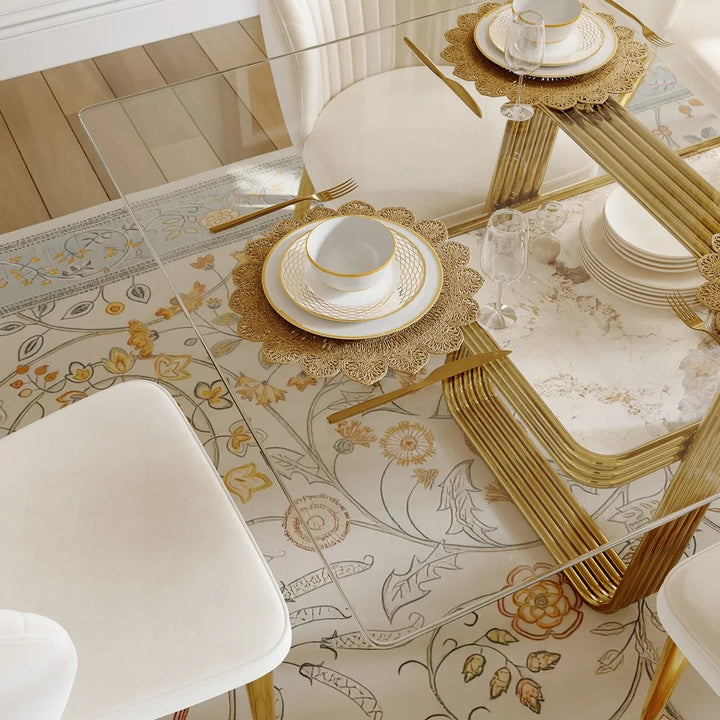 Konstantin 71" Modern 6-Seater Rectangular Glass Dining Table Set with Tempered Glass Top and Gold Base