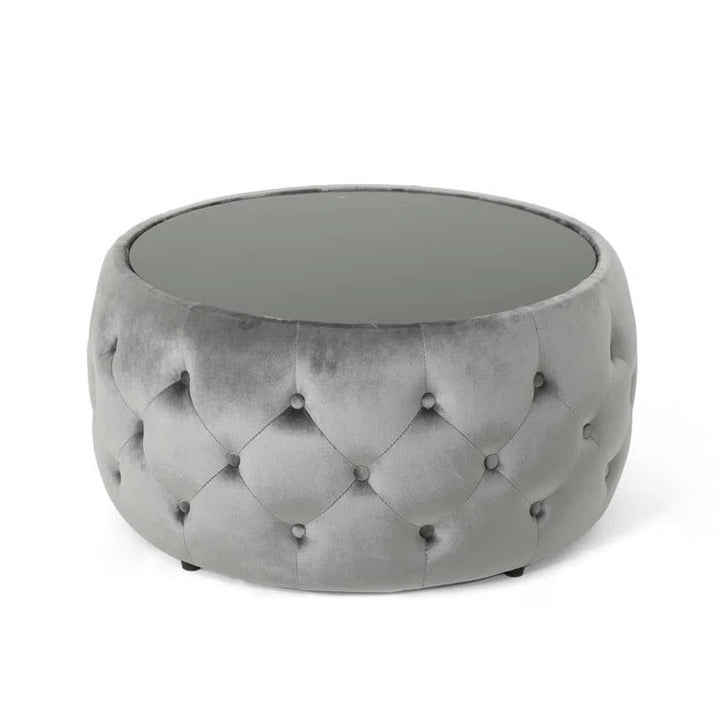 Aisha Chesterfield Round Fabric Coffee Table with Glass Top for Living Room