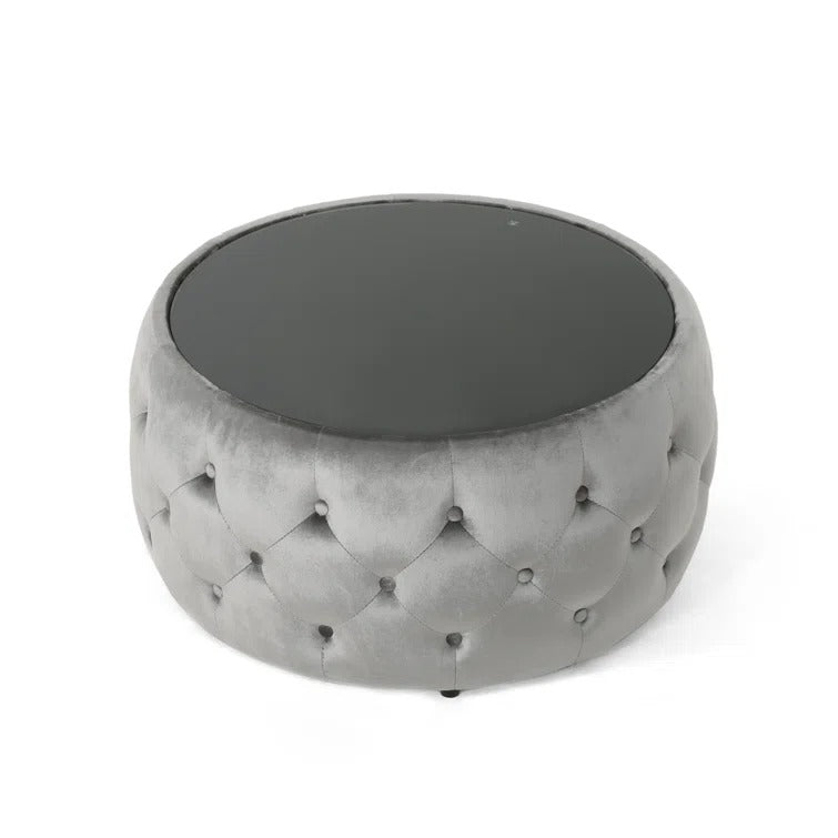 Aisha Chesterfield Round Fabric Coffee Table with Glass Top for Living Room