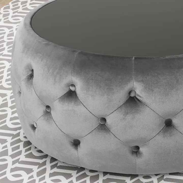 Aisha Chesterfield Round Fabric Coffee Table with Glass Top for Living Room