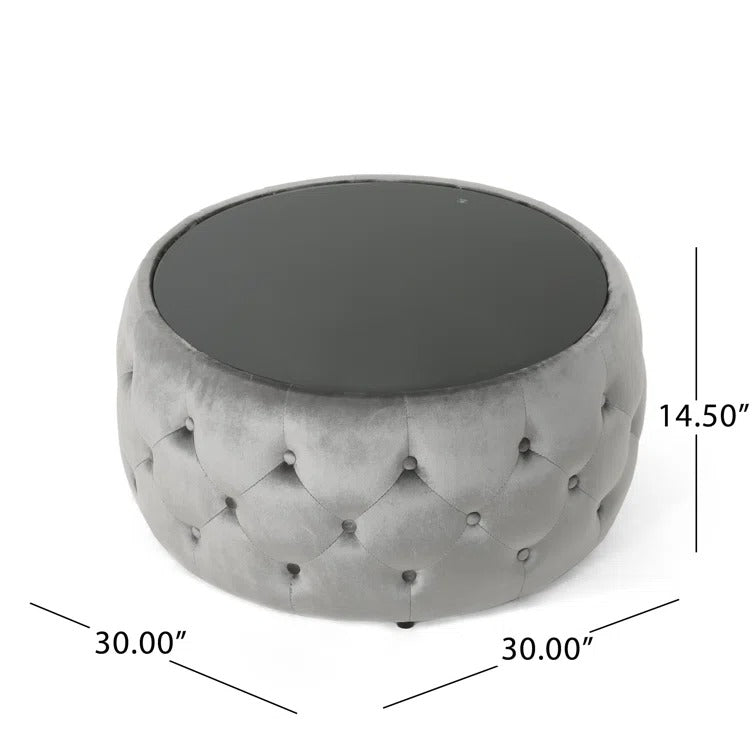 Aisha Chesterfield Round Fabric Coffee Table with Glass Top for Living Room