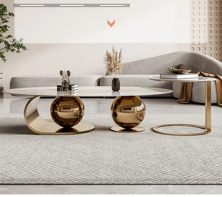 Vidhi Marble Top Stainless Steel 2 Bool Coffee Table And Side Set In Pvd Coated