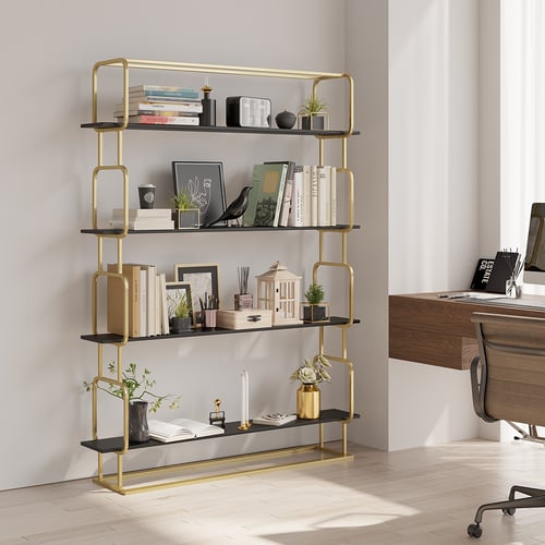 Alok Metal Bookcase In Gold With Black Marble