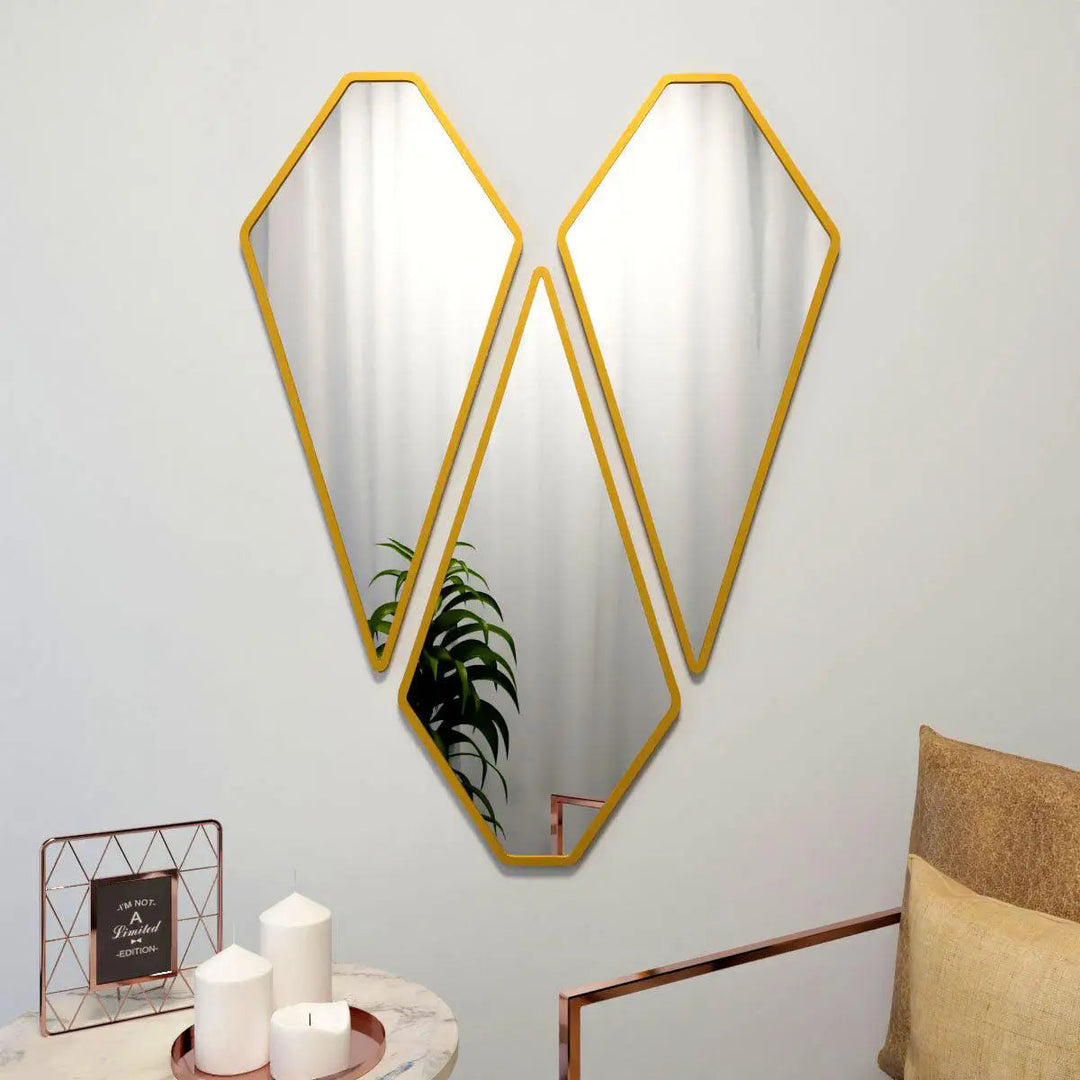 Graceful Diamond Shape Vanity Mirrors (Set Of 3) In Golden Finish Frame