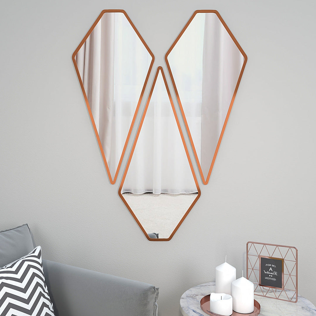 Graceful Diamond Cut Copper Finish Vanity Mirrors Set Of 3