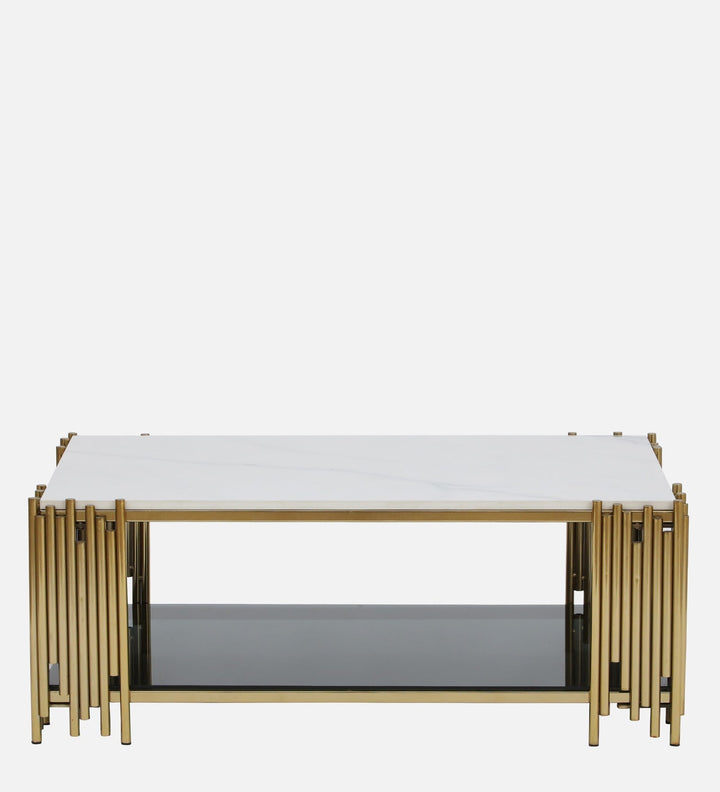 Chandan Metal Coffee Table In Golden Finish With Marble Top