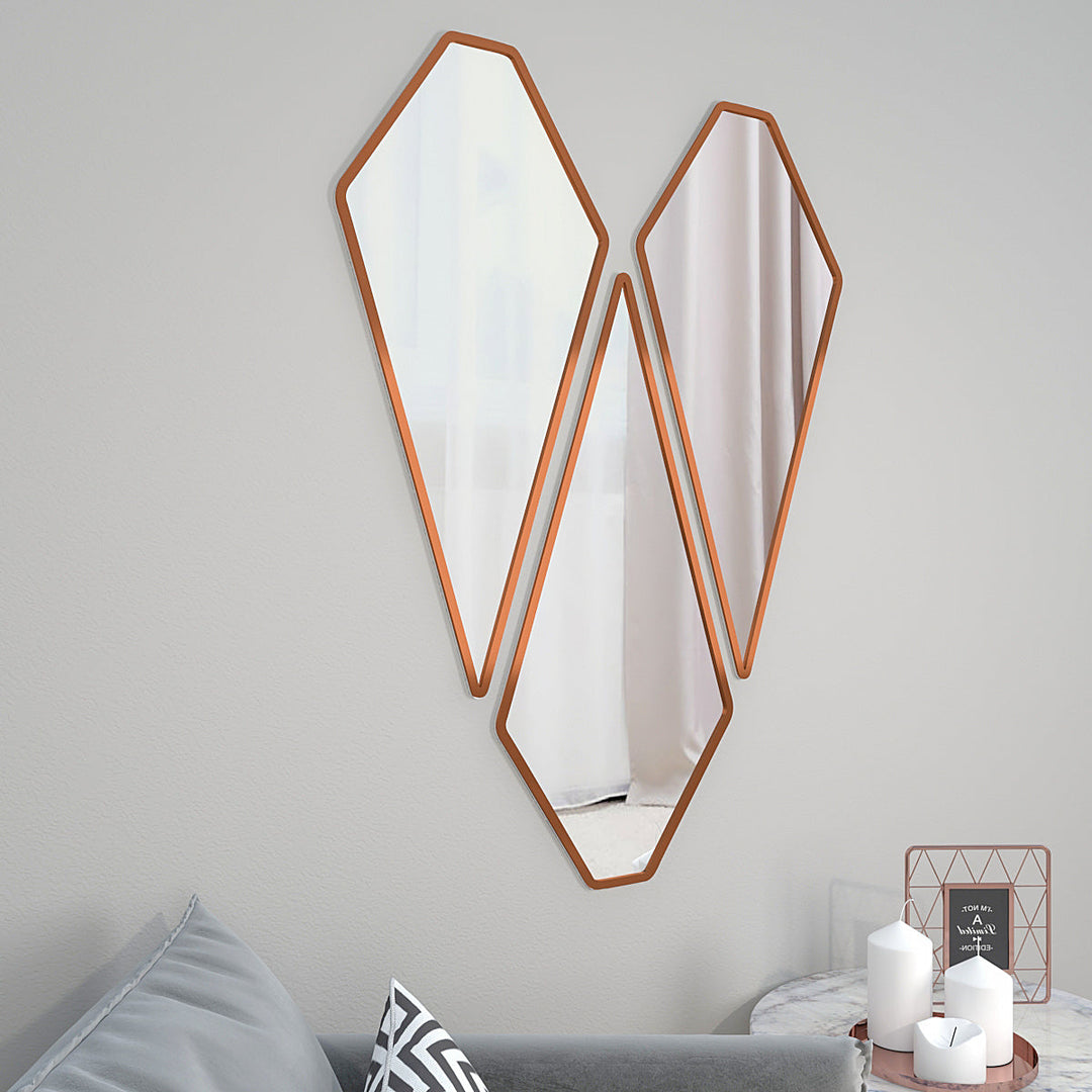 Graceful Diamond Cut Copper Finish Vanity Mirrors Set Of 3