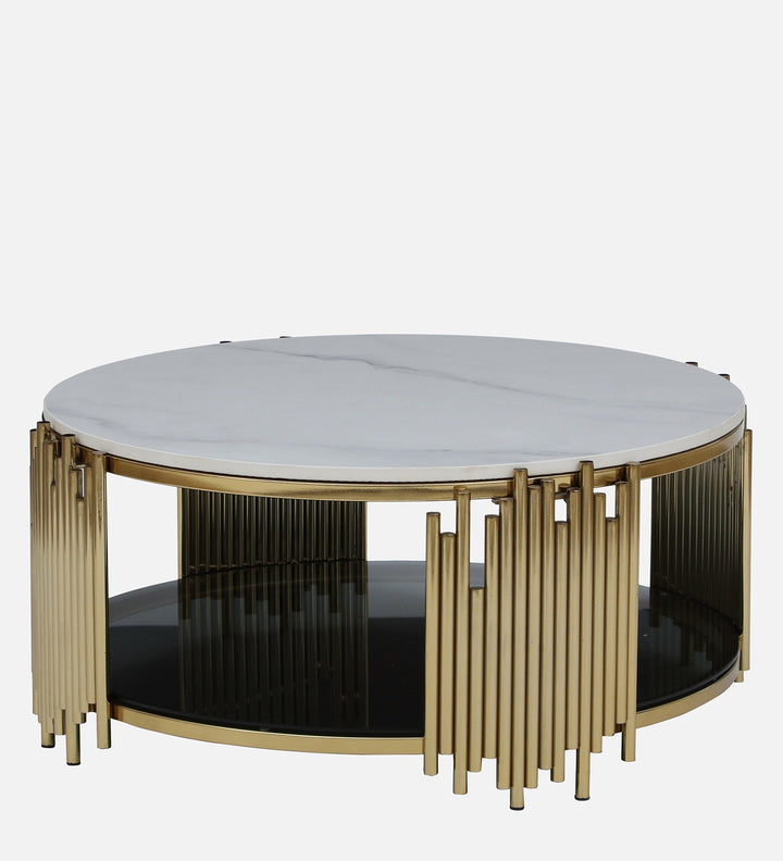 Chirag Metal Round Coffee Table In Golden Base With Marble Top