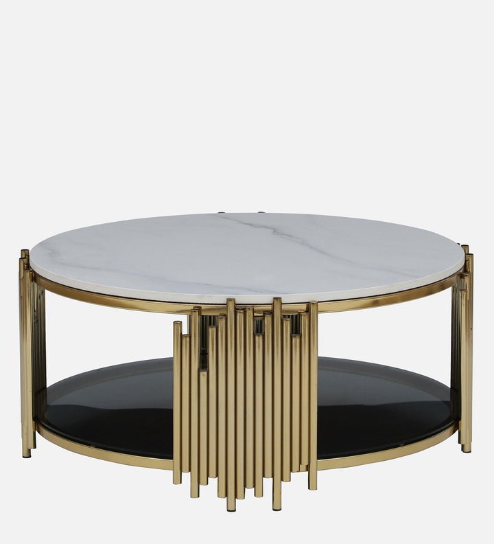Chirag Metal Round Coffee Table In Golden Base With Marble Top